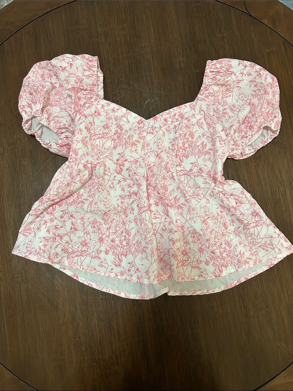 SHEIN Pink Floral Puff Sleeve Peplum Top